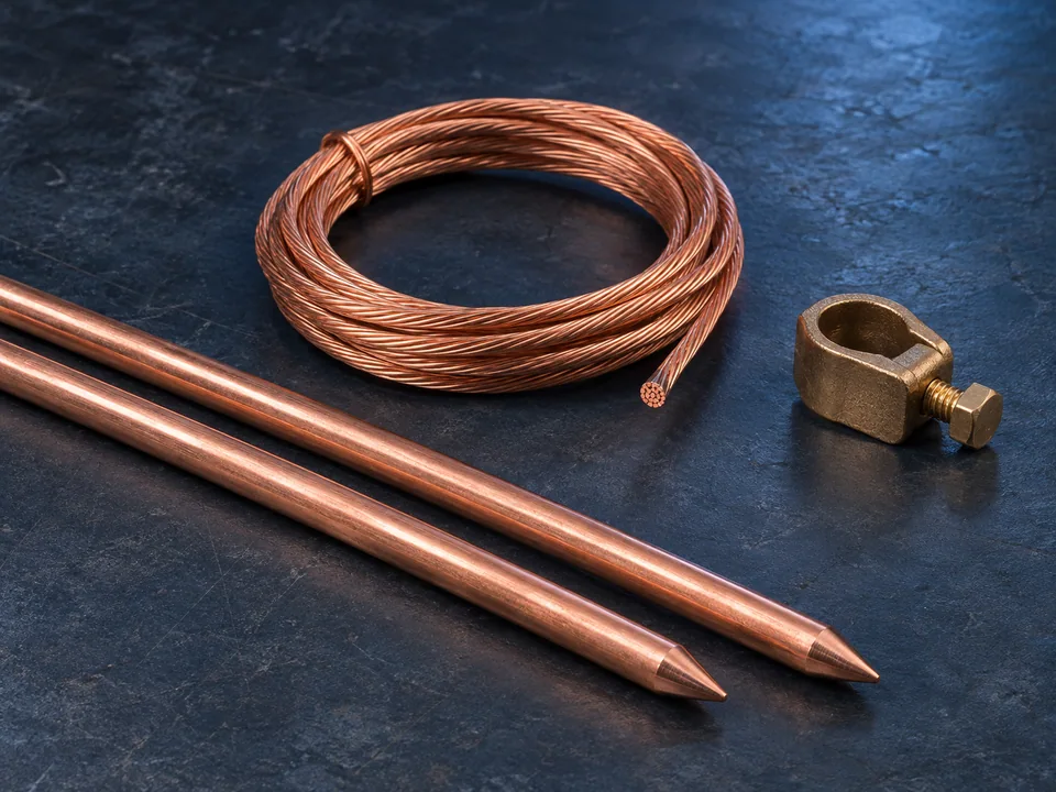 Composição conceitual de hastes cobreadas, condutor de cobre nu e grampo de bronze para aterramento, separados sobre bancada escura.
